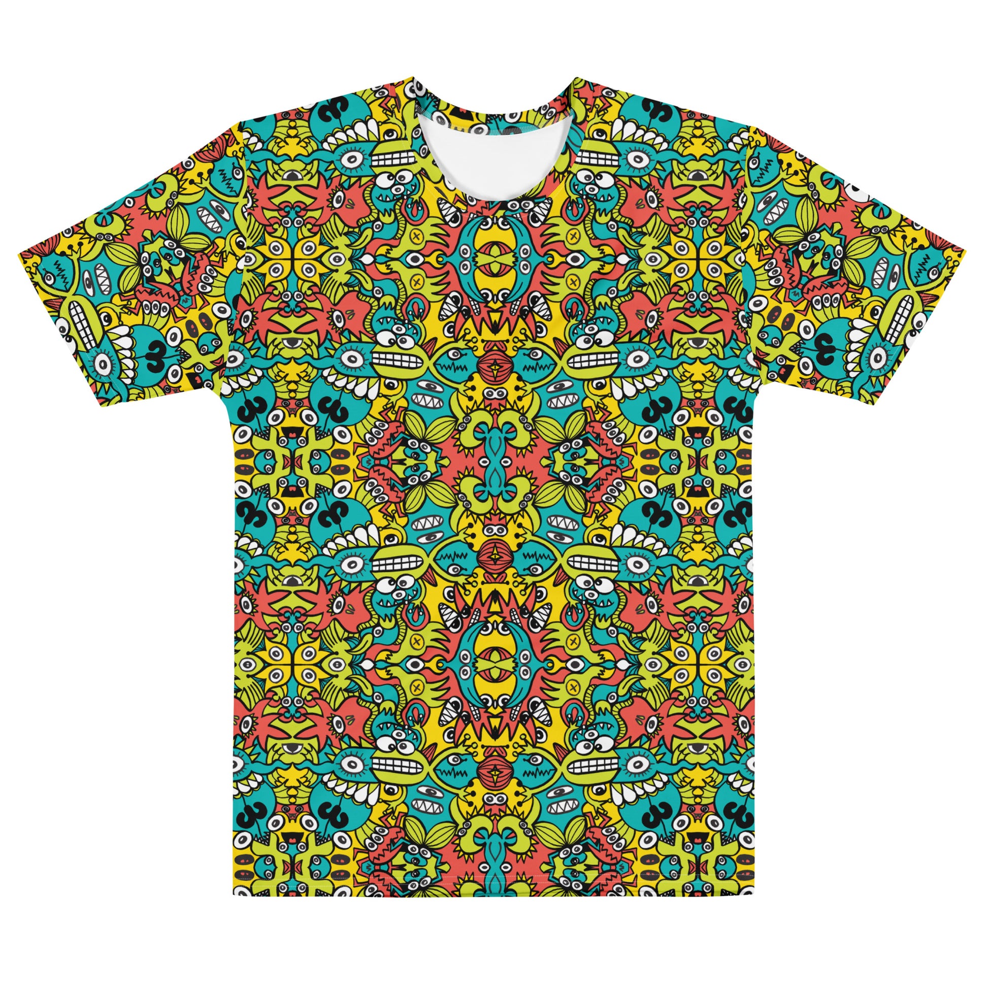 Cosmic Critter Carnival Men's all-over print cotton t-shirt — front view
