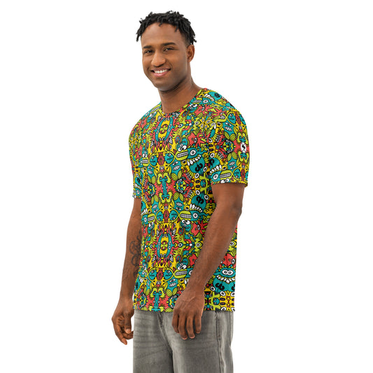 Cosmic Critter Carnival Men's all-over print cotton t-shirt — left front view
