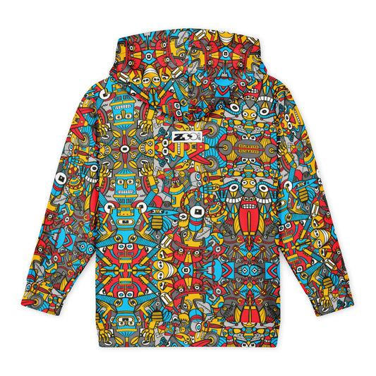 Crazy Robots Rising from Rust youth hoodie, back view, featuring colourful hand-drawn robot doodles.