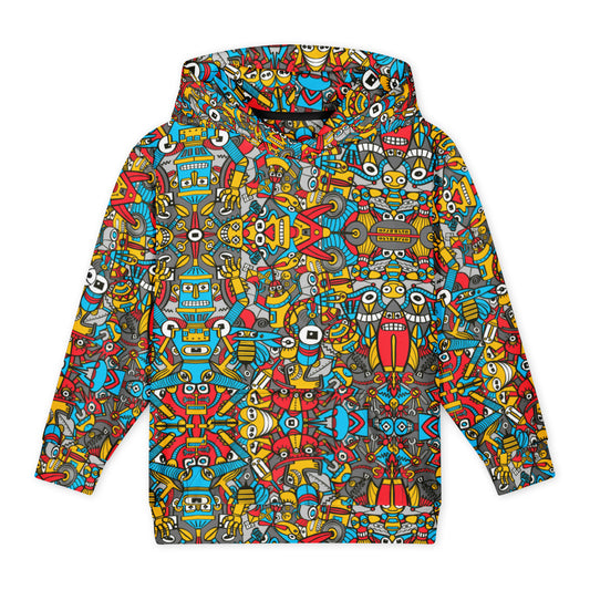 Crazy Robots Rising from Rust youth hoodie, front view, featuring colourful hand-drawn robot doodles.