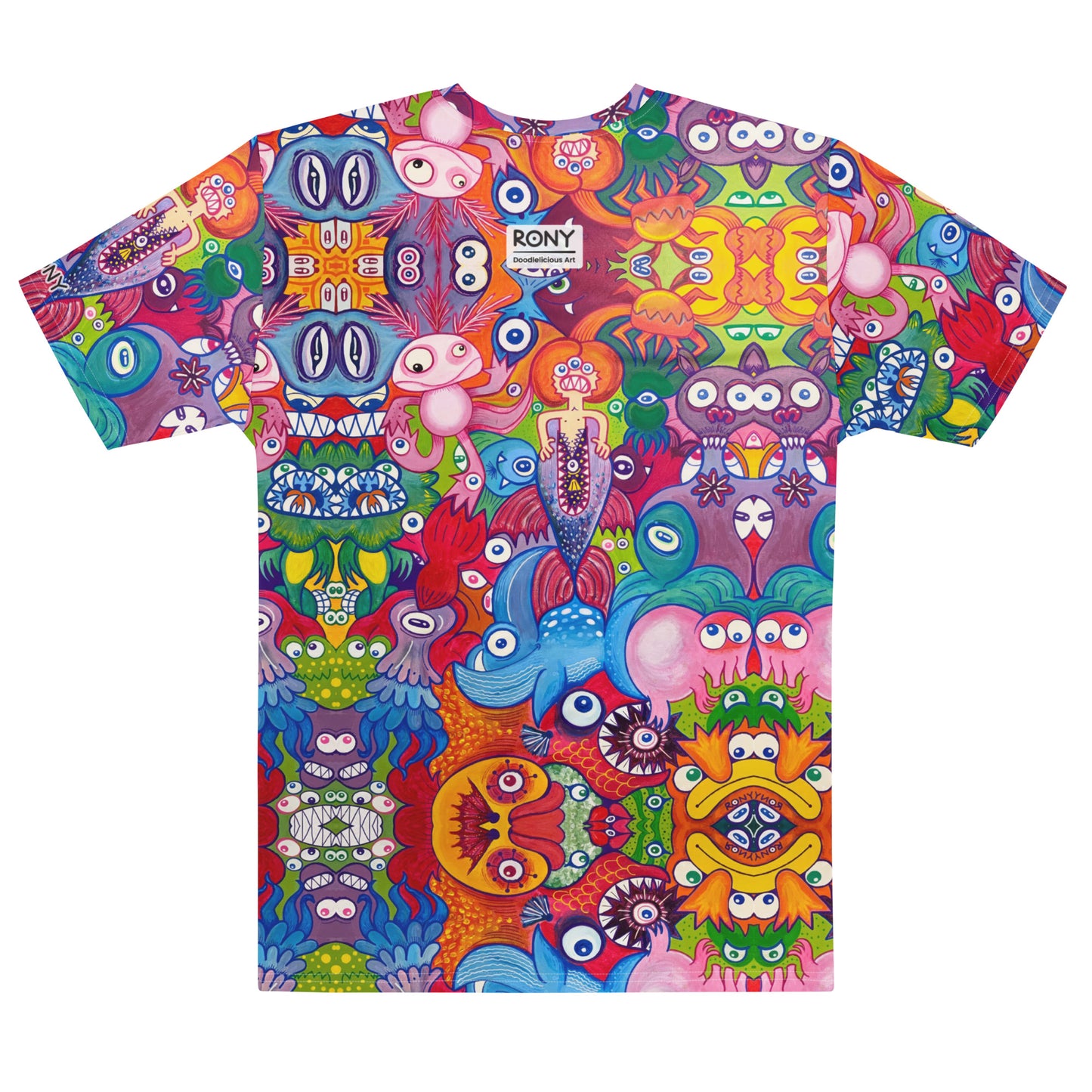 Doodle folie all over print men's cotton art t-shirt. Back view