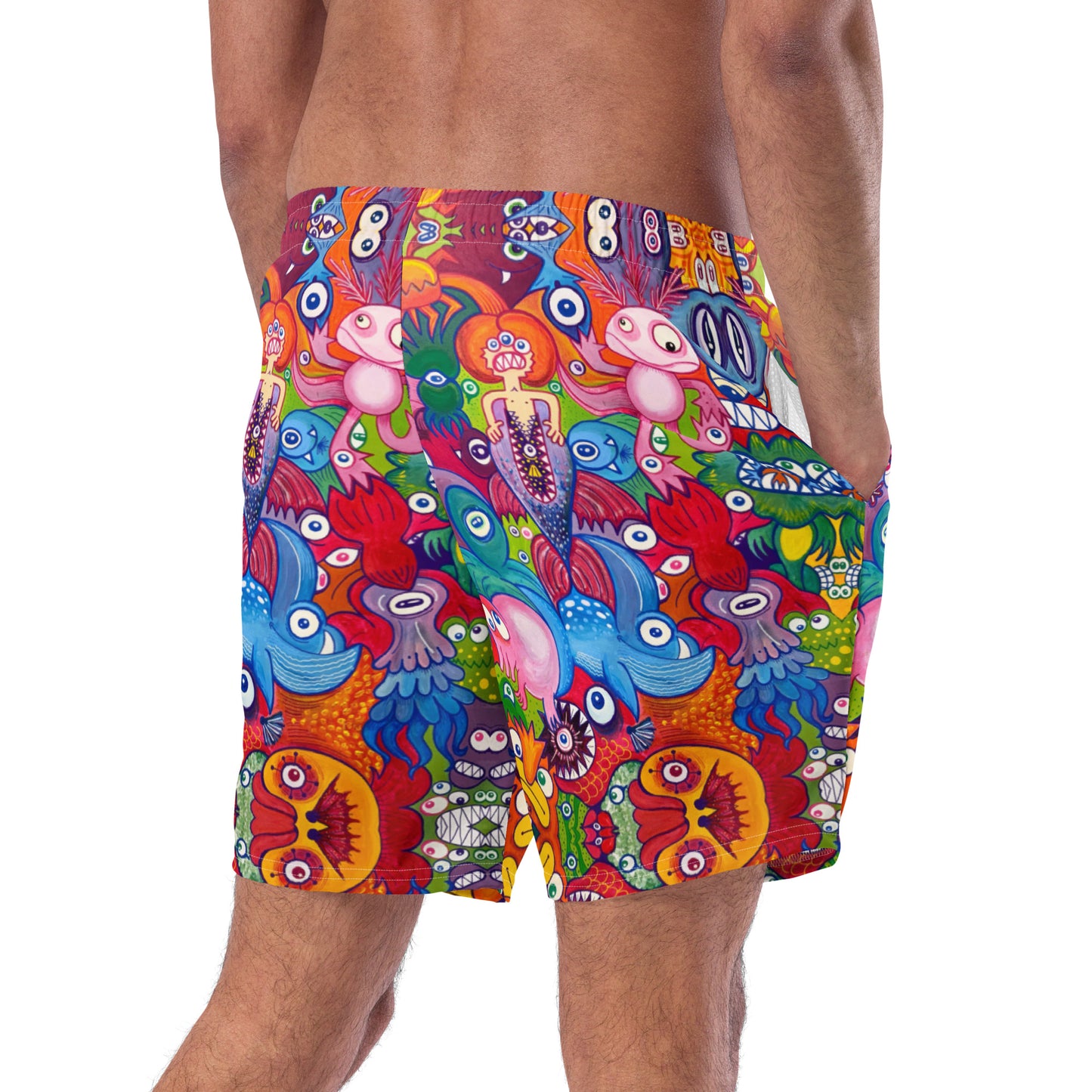 Doodle Folie Recycled Men’s Swim Trunks. Back view