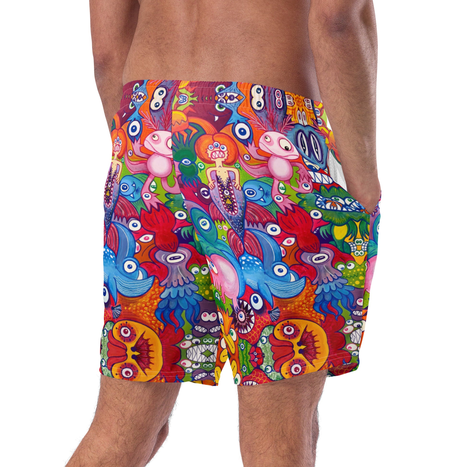 Doodle Folie Recycled Men’s Swim Trunks. Back view