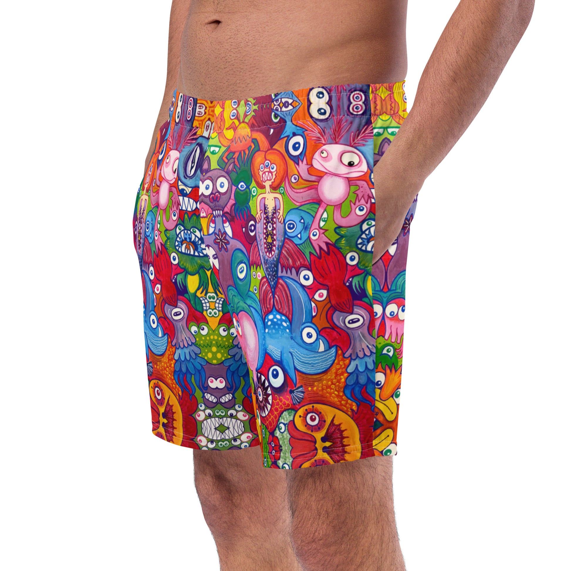 Doodle Folie Recycled Men’s Swim Trunks. Front view
