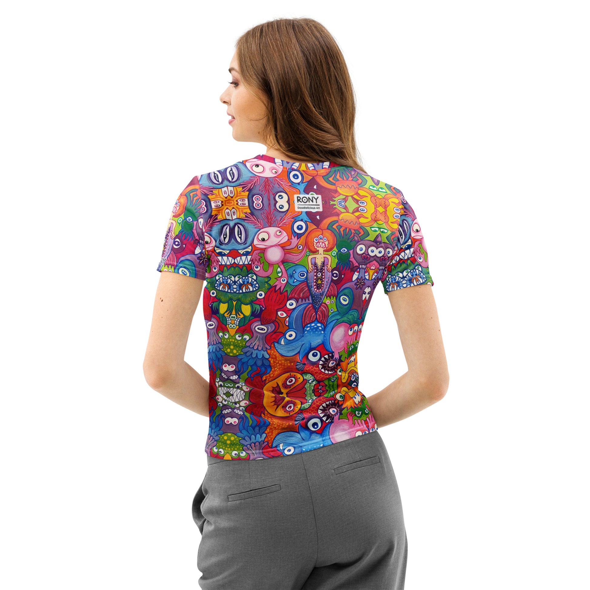 Doodle Folie Women’s Cotton Art T-Shirt. Lifestyle back view