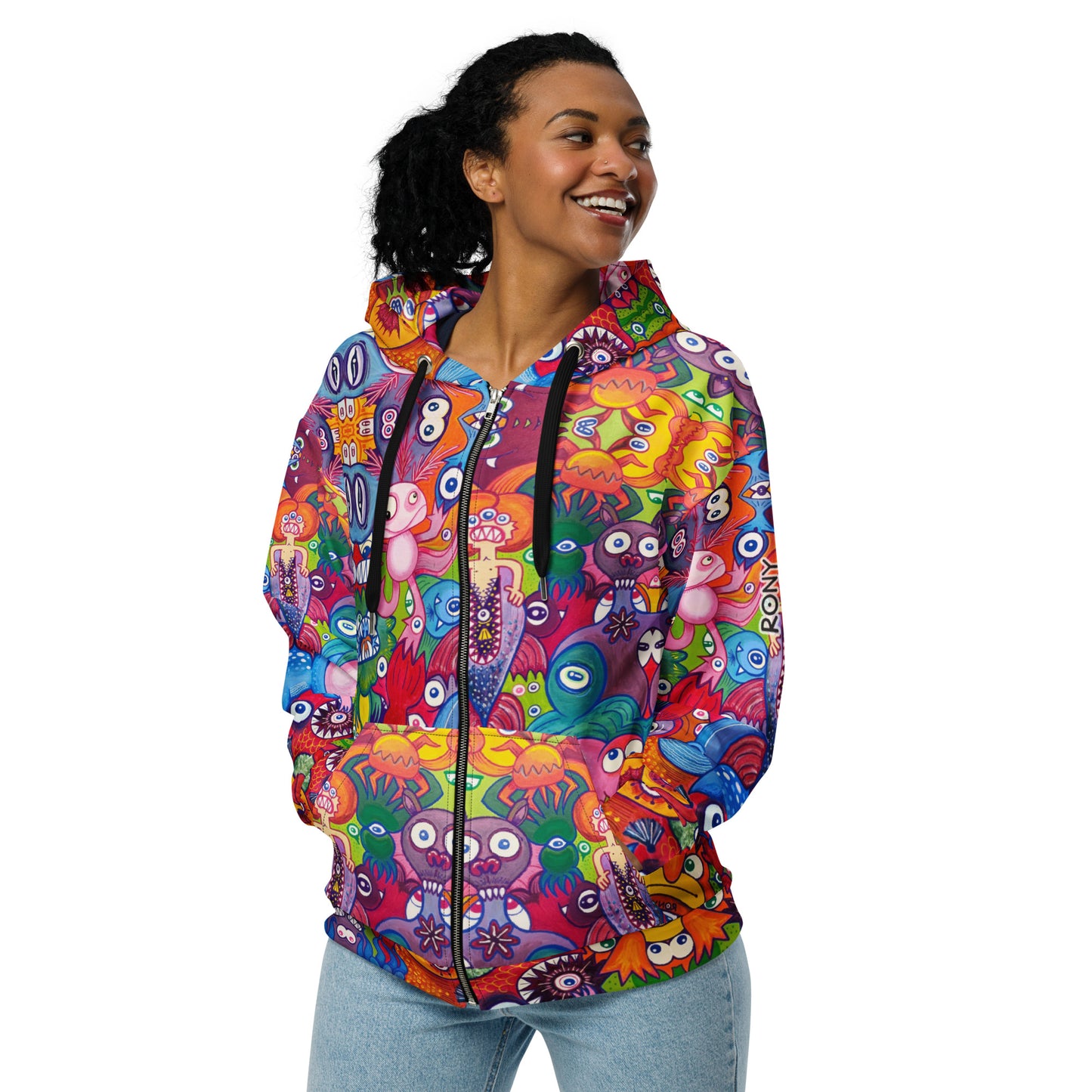 Doodle Folie Unisex Zip Hoodie. Lifestyle front view