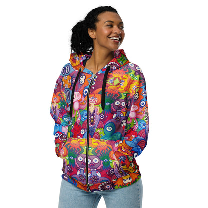 Doodle Folie Unisex Zip Hoodie. Lifestyle front view