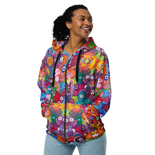Doodle Folie Unisex Zip Hoodie. Lifestyle front view