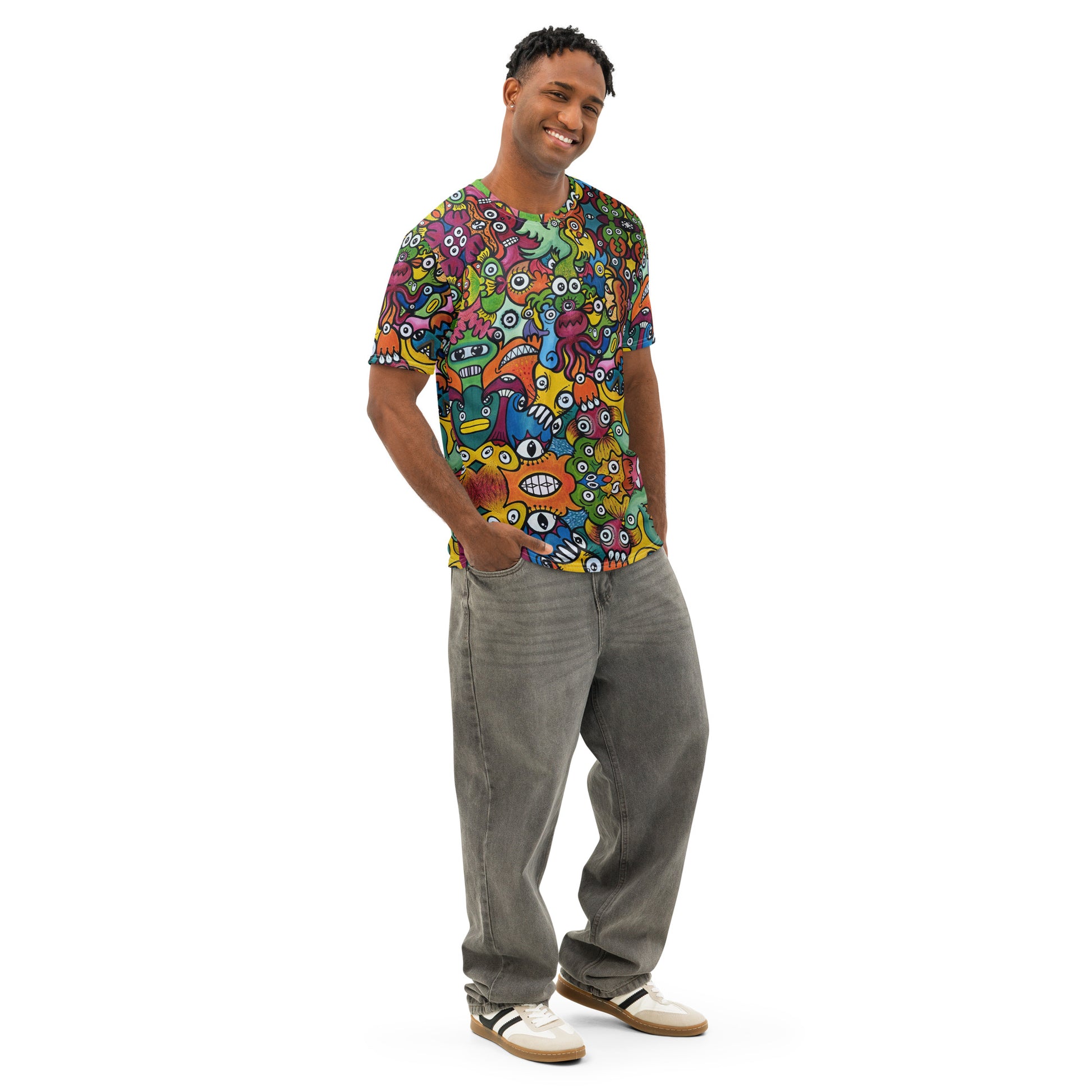 Doodle Planet Men’s Cotton Art T-Shirt. Man modeling Doodle Planet T-Shirt