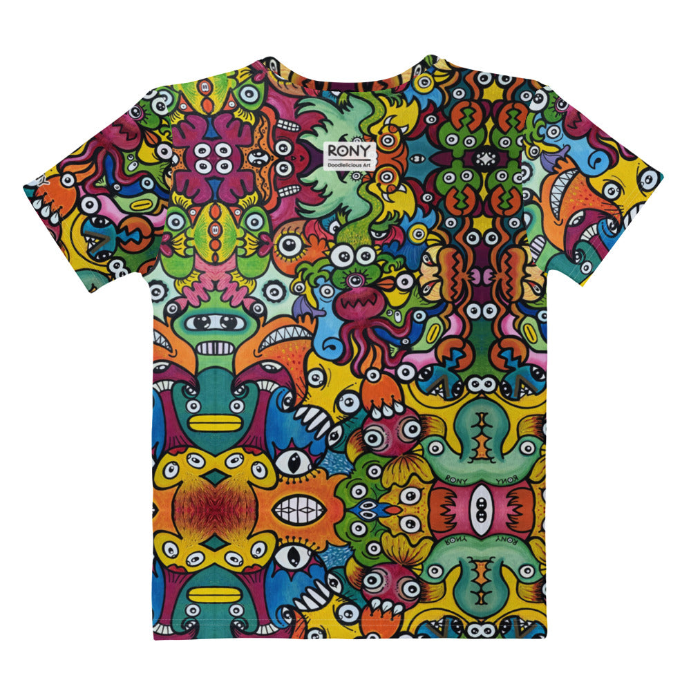 Doodle Planet Women's Cotton Art T-Shirt. Flat back view.