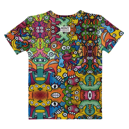 Doodle Planet Women's Cotton Art T-Shirt. Flat back view.