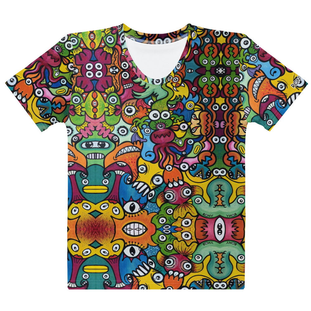 Doodle Planet Women's Cotton Art T-Shirt. Flat front view.