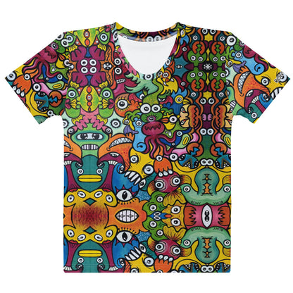 Doodle Planet Women's Cotton Art T-Shirt. Flat front view.