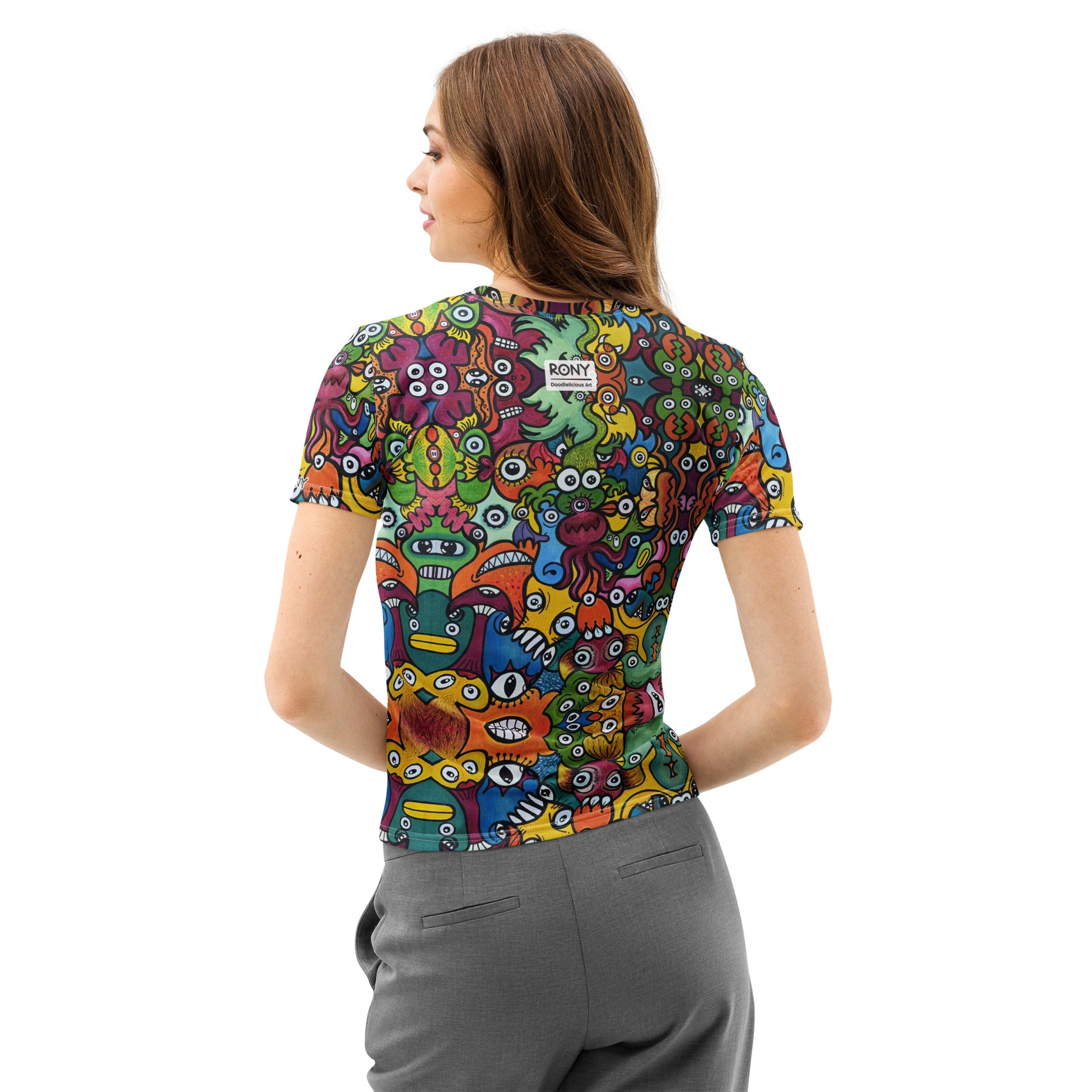 Doodle Planet Women's Cotton Art T-Shirt. Lifestyle back view.