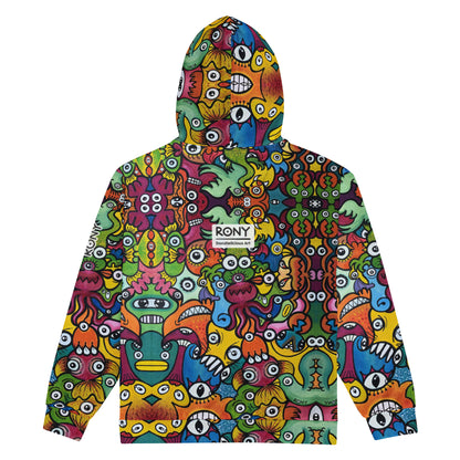 Doodle Planet unisex art zip hoodie, back view with colorful creatures, black drawstrings, and a full-length zipper.