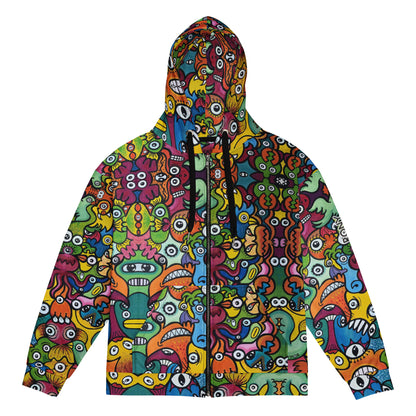 Doodle Planet unisex art zip hoodie, front view with colorful creatures, black drawstrings, and a full-length zipper.