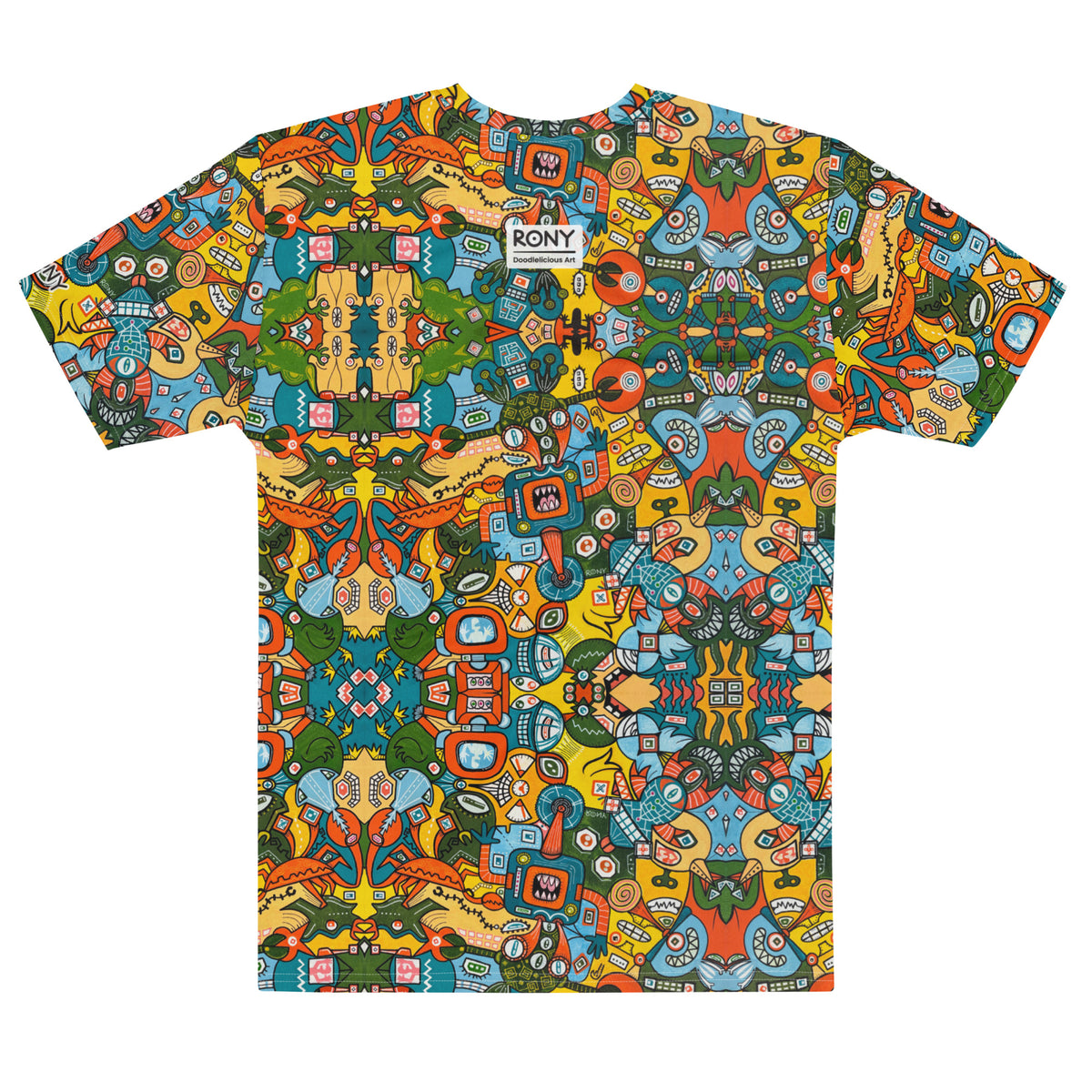 Doodlebot Dystopia men’s cotton art t-shirt, back view with colorful retro robot all-over print and RONY branding.
