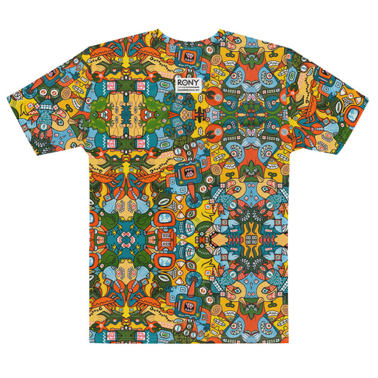 Doodlebot Dystopia men’s cotton art t-shirt, back view with colorful retro robot all-over print and RONY branding.