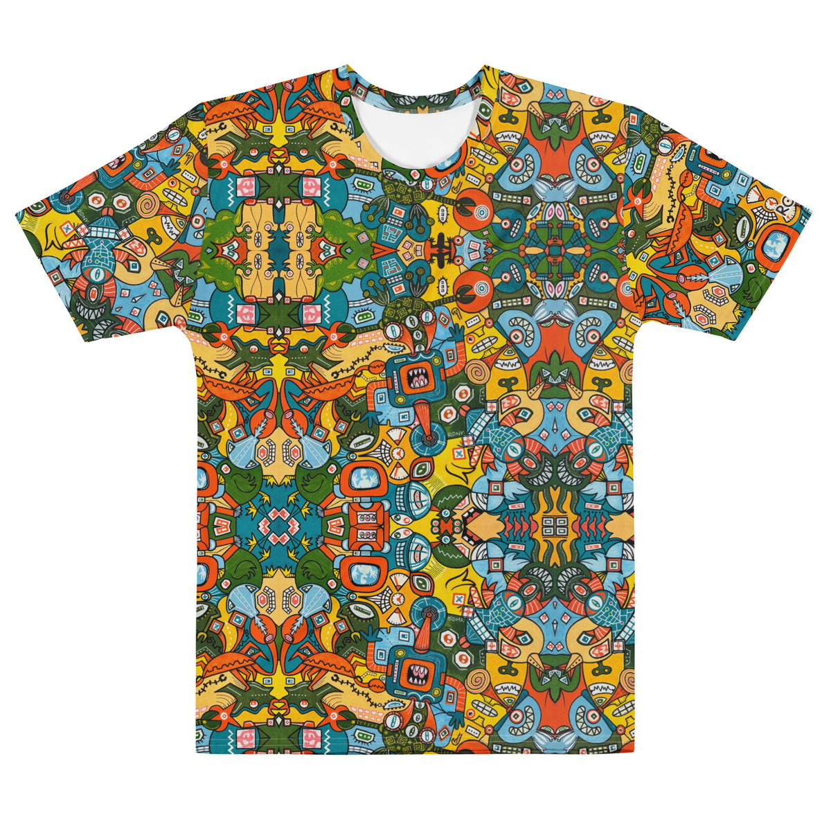 Doodlebot Dystopia men’s cotton art t-shirt, front view with colorful retro robot all-over print and RONY branding.