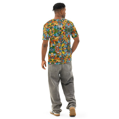 Man wearing Doodlebot Dystopia cotton art t-shirt from behind, showing retro robot artwork across the back and sleeves.