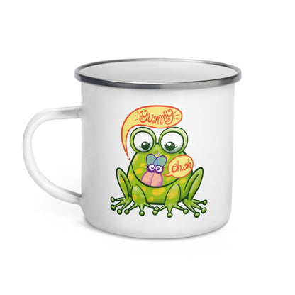 Mischievous frog hunting a delicious fly Enamel Mug. Left side view