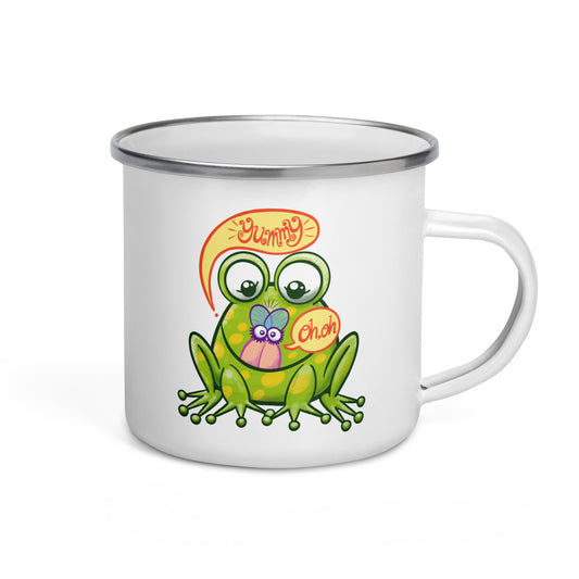 Mischievous frog hunting a delicious fly Enamel Mug. Right side view