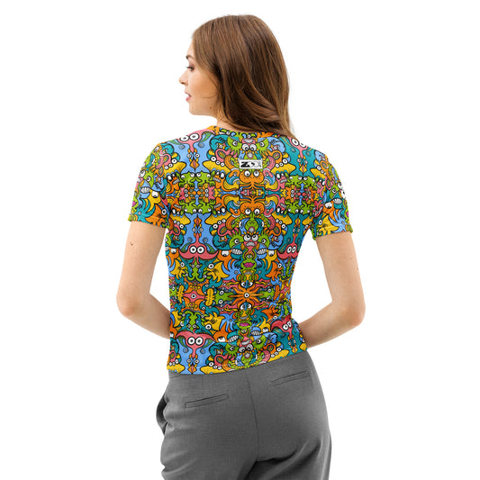 Enchantimals Fantasy Women’s Cotton Doodle Art T-Shirt. Woman back view