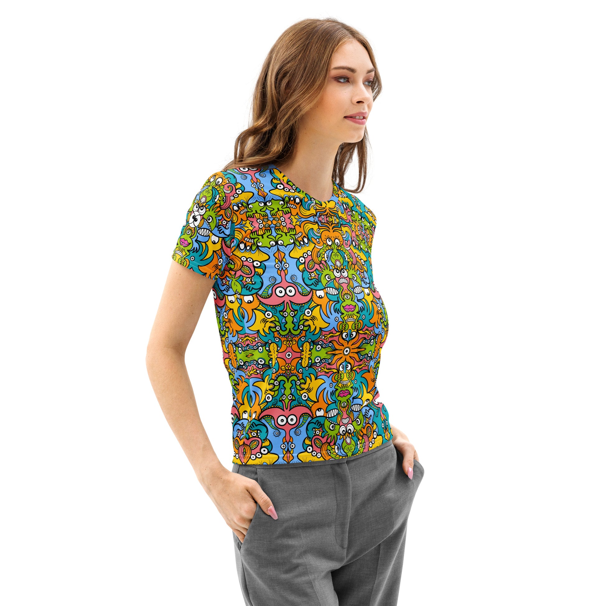 Enchantimals Fantasy Women’s Cotton Doodle Art T-Shirt. Woman side view
