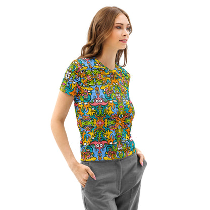 Enchantimals Fantasy Women’s Cotton Doodle Art T-Shirt. Woman side view