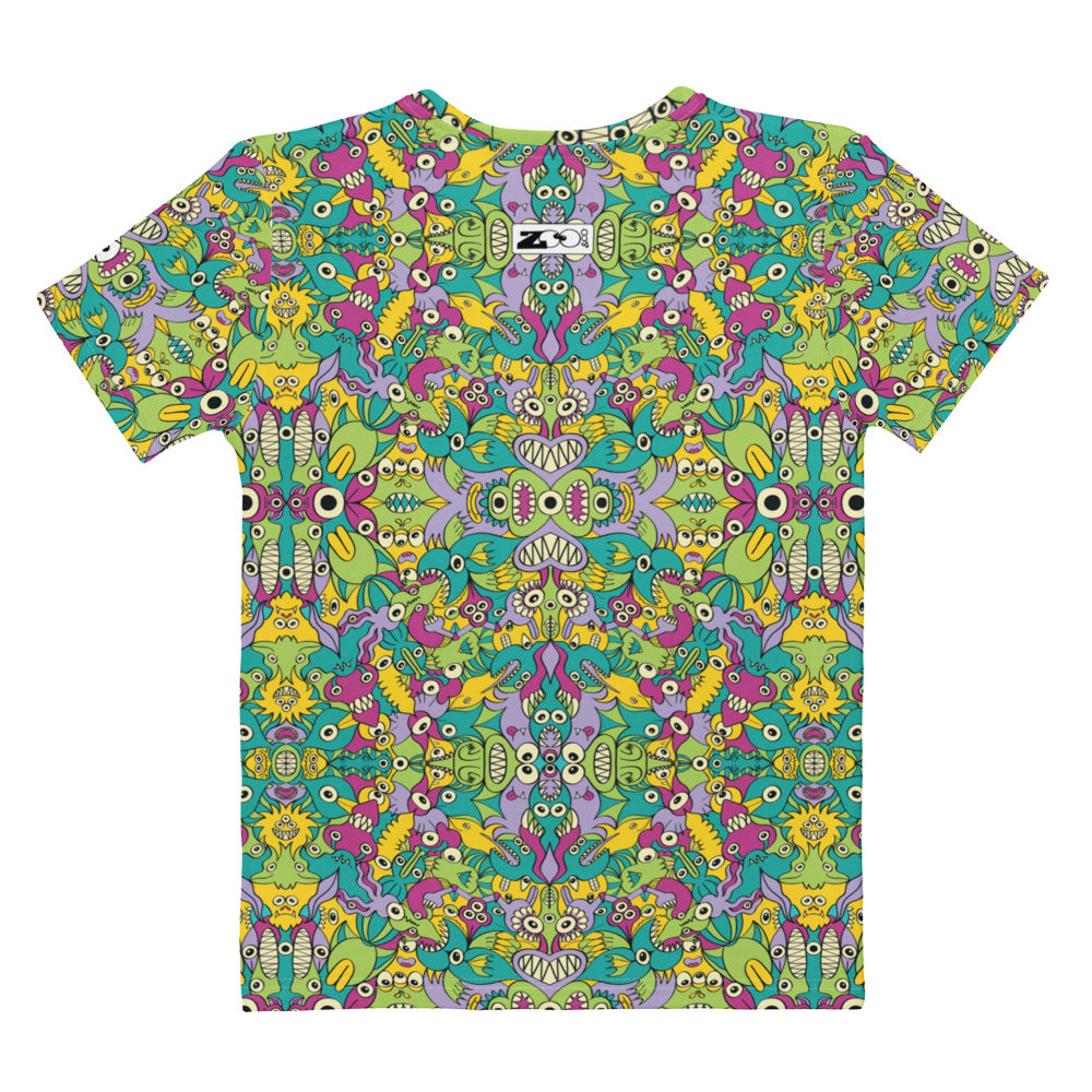 It's Life but Not as We Know It Women's cotton t-shirt – back view featuring alien creatures all-over print doodle pattern in teal, green, yellow and purple

