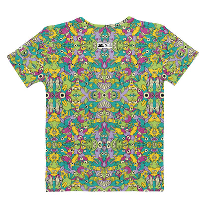 It's Life but Not as We Know It Women's cotton t-shirt – back view featuring alien creatures all-over print doodle pattern in teal, green, yellow and purple

