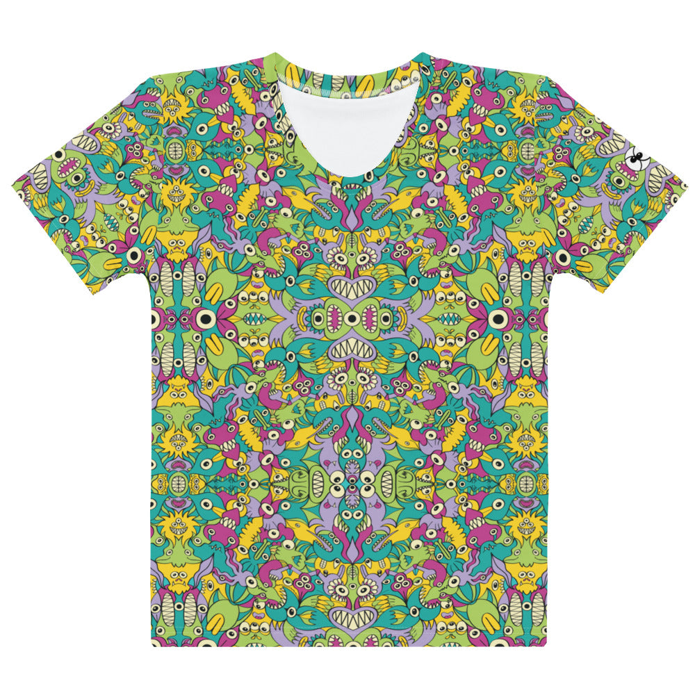 It's Life but Not as We Know It Women's cotton t-shirt – front view featuring alien creatures all-over print doodle pattern in teal, green, yellow and purple

