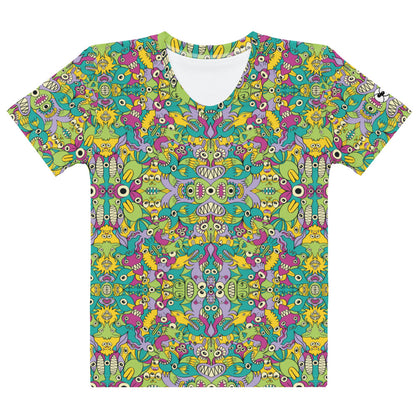 It's Life but Not as We Know It Women's cotton t-shirt – front view featuring alien creatures all-over print doodle pattern in teal, green, yellow and purple

