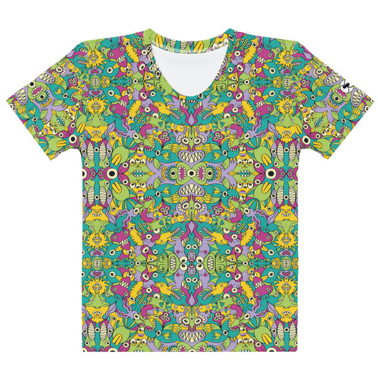 It's Life but Not as We Know It Women's cotton t-shirt – front view featuring alien creatures all-over print doodle pattern in teal, green, yellow and purple

