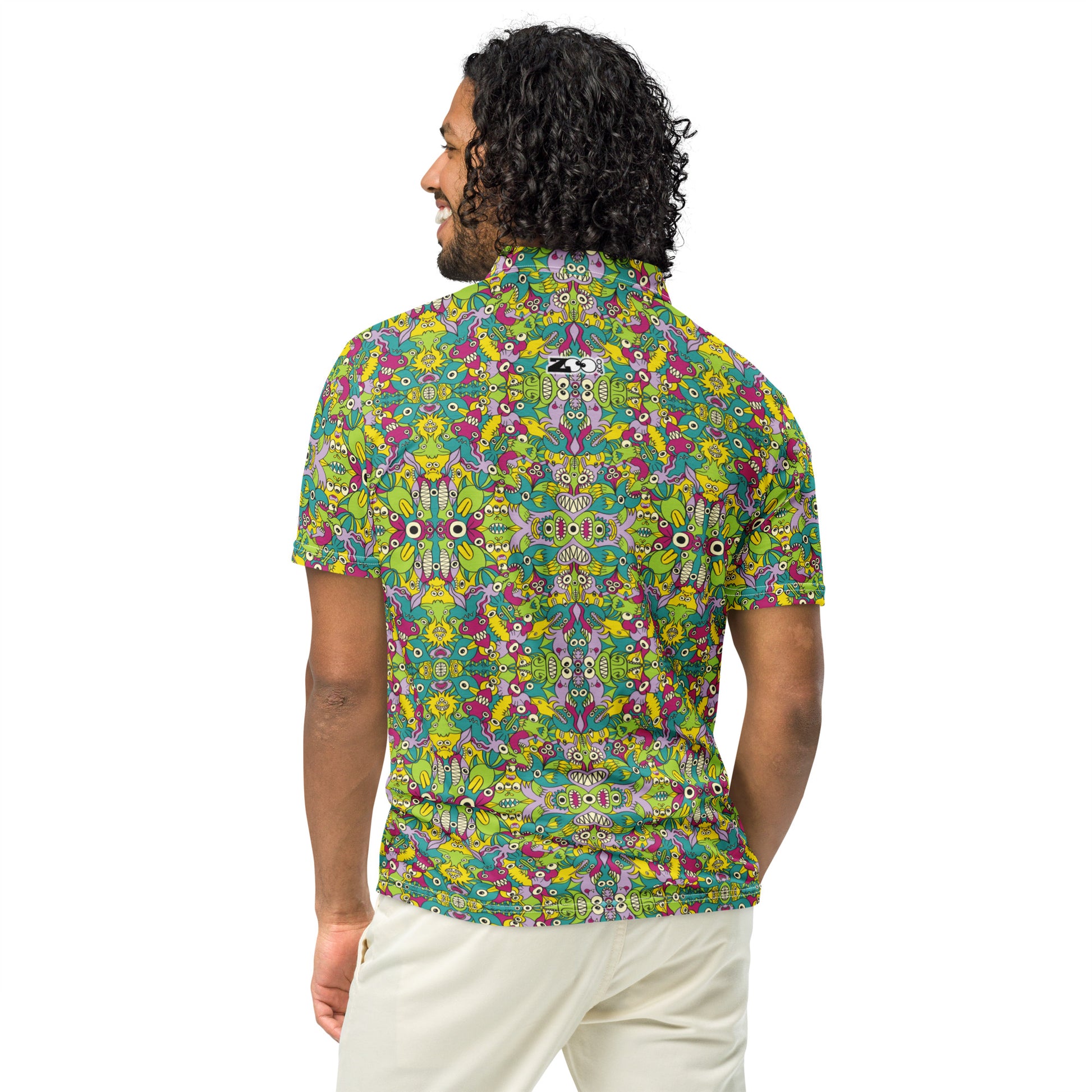 Extraterrestrial life men's all-over print slim fit polo shirt. Back view