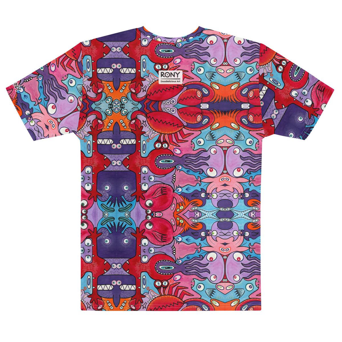 Eyes See the Unseen men's psychedelic cotton t-shirt, back view with colorful, wide-eyed creature artwork.
