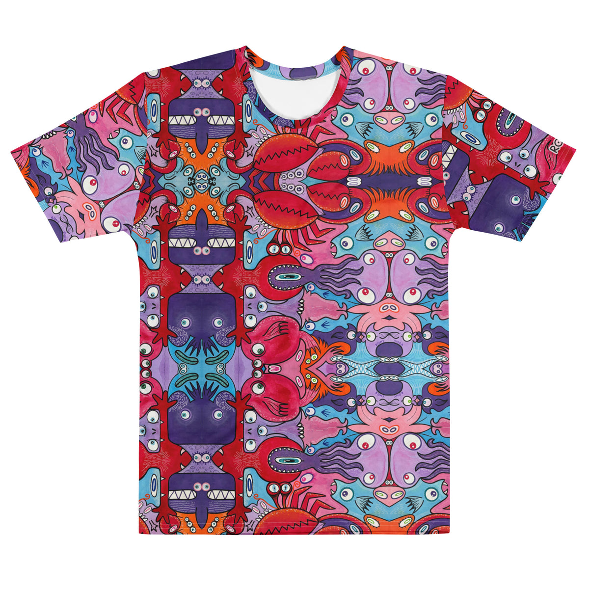 Eyes See the Unseen men's psychedelic cotton t-shirt, front view with colorful, wide-eyed creature artwork.