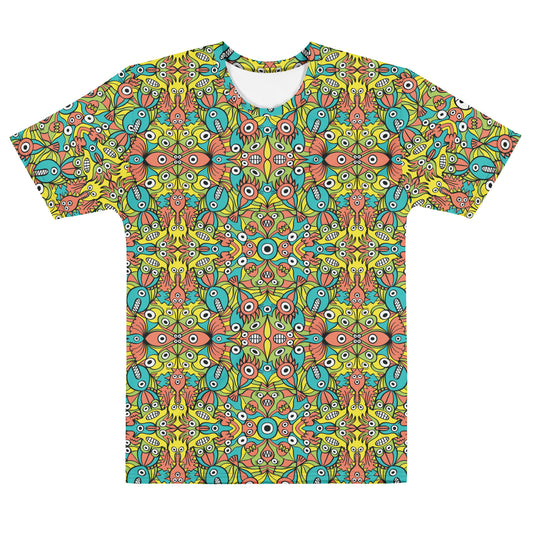 Front of Infinitely Playful Alien Monsters men's cotton t-shirt with turquoise, green, yellow and coral doodle creatures