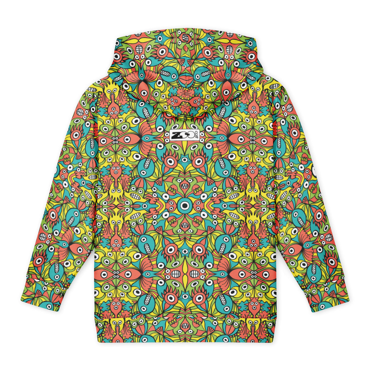 Back view of Infinitely Playful Alien Monsters youth hoodie with colorful all-over monster print and Zoo&co logo below the hood.