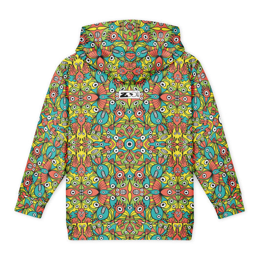 Back view of Infinitely Playful Alien Monsters youth hoodie with colorful all-over monster print and Zoo&co logo below the hood.