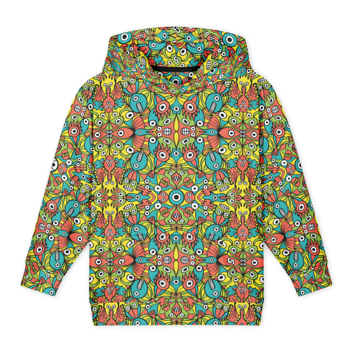 Front view of Infinitely Playful Alien Monsters youth hoodie with hand-drawn creatures in turquoise, coral, lime green, and yellow.