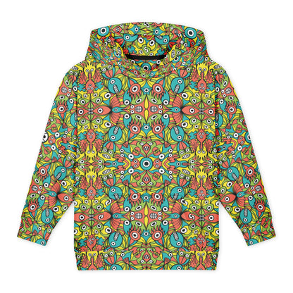 Front view of Infinitely Playful Alien Monsters youth hoodie with hand-drawn creatures in turquoise, coral, lime green, and yellow.