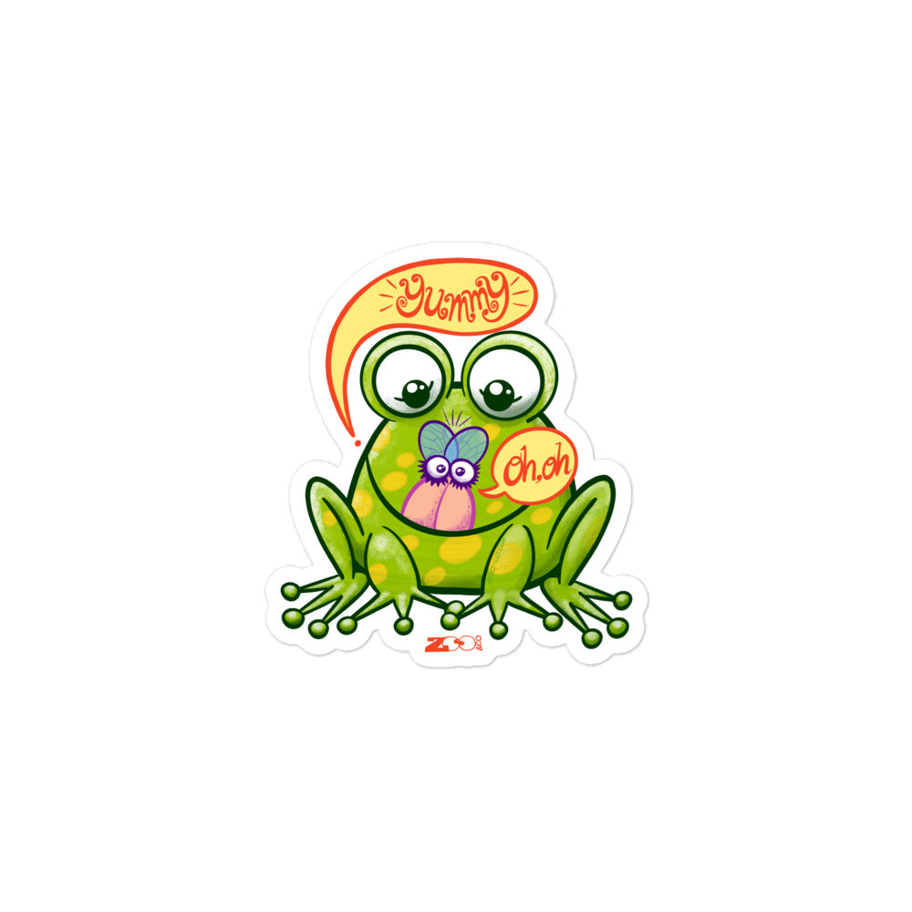 Mischievous frog hunting a delicious fly Bubble-free stickers. 3x3
