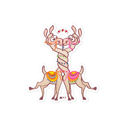 Cute llamas in love intertwining necks and kissing Bubble-free stickers. 4x4