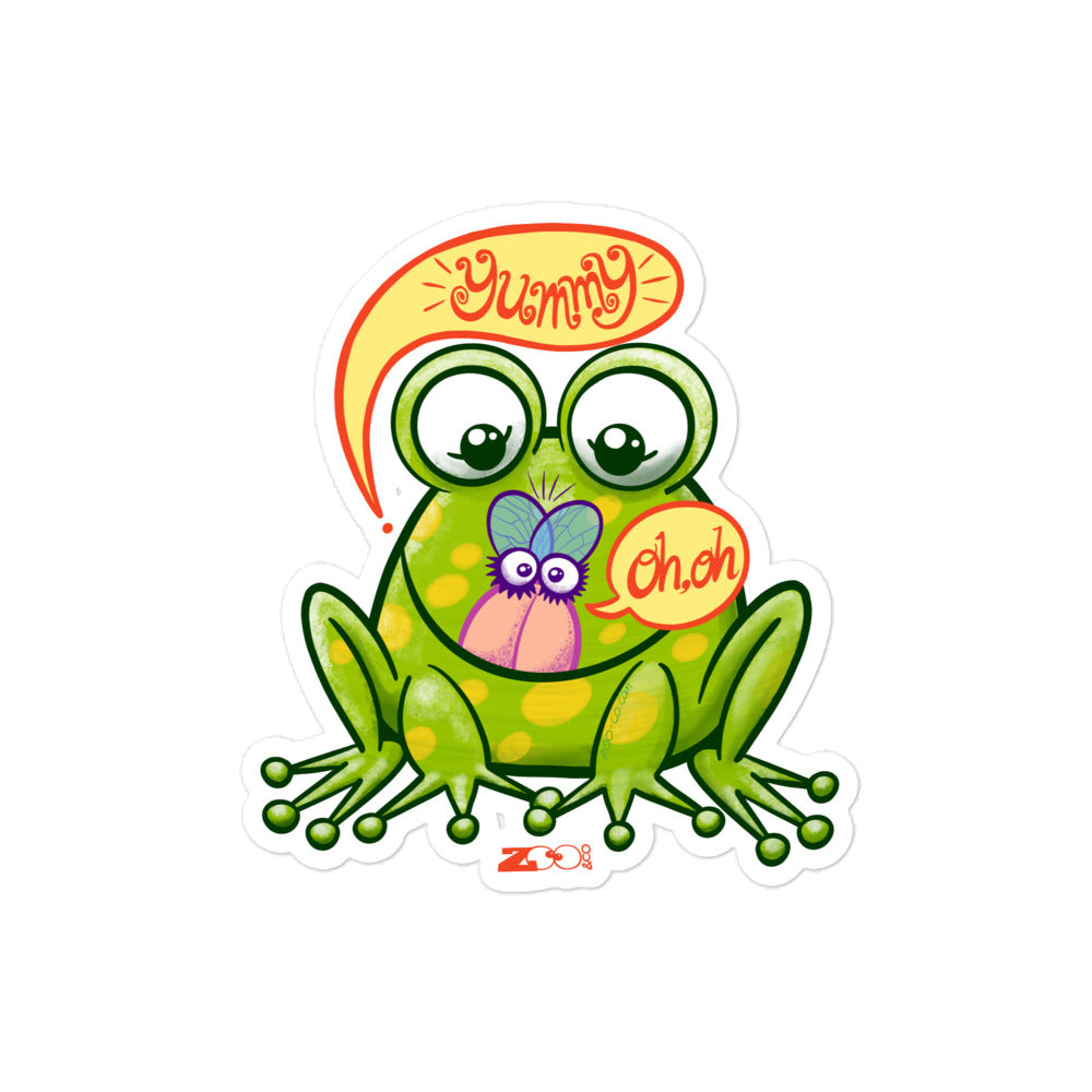Mischievous frog hunting a delicious fly Bubble-free stickers. 4x4
