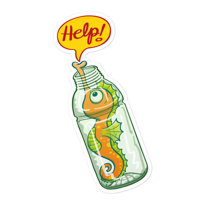 Seahorse in trouble asking for help while trapped in a plastic bottle. Bubble-free sticker. 5.5"×5.5" 