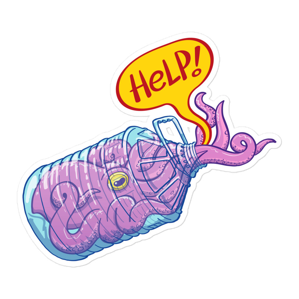 Octopus in trouble asking for help while trapped in a plastic bottle. Bubble-free sticker. 5.5"×5.5" 