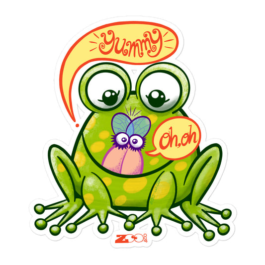 Mischievous frog hunting a delicious fly Bubble-free stickers. 5.5x5.5