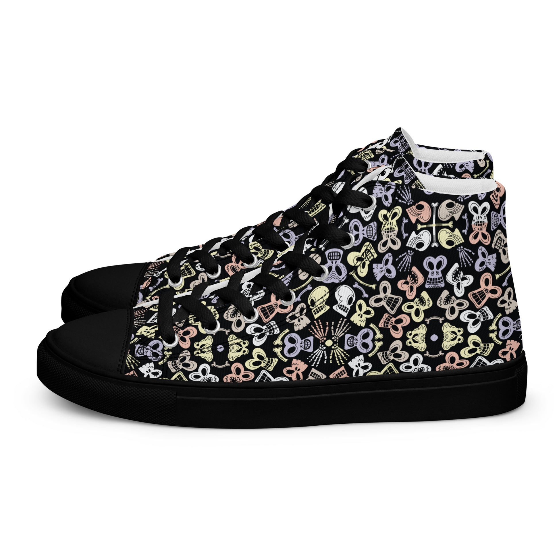 Bewitched Skulls: Hauntingly Chic Pattern Design - Men’s high top canvas shoes. Black color. Side view