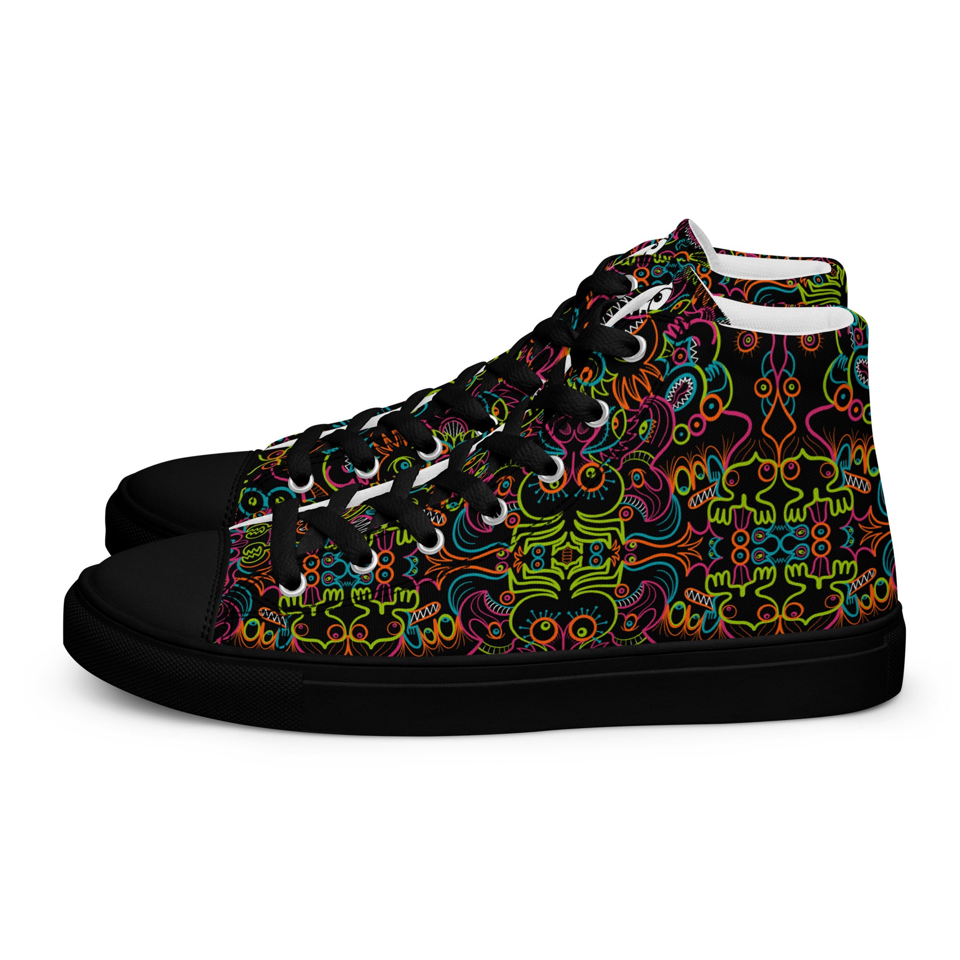 Doodle Carnival: A Kaleidoscope of Whimsical Wonders! - Men’s high top canvas shoes. Black color. Side view